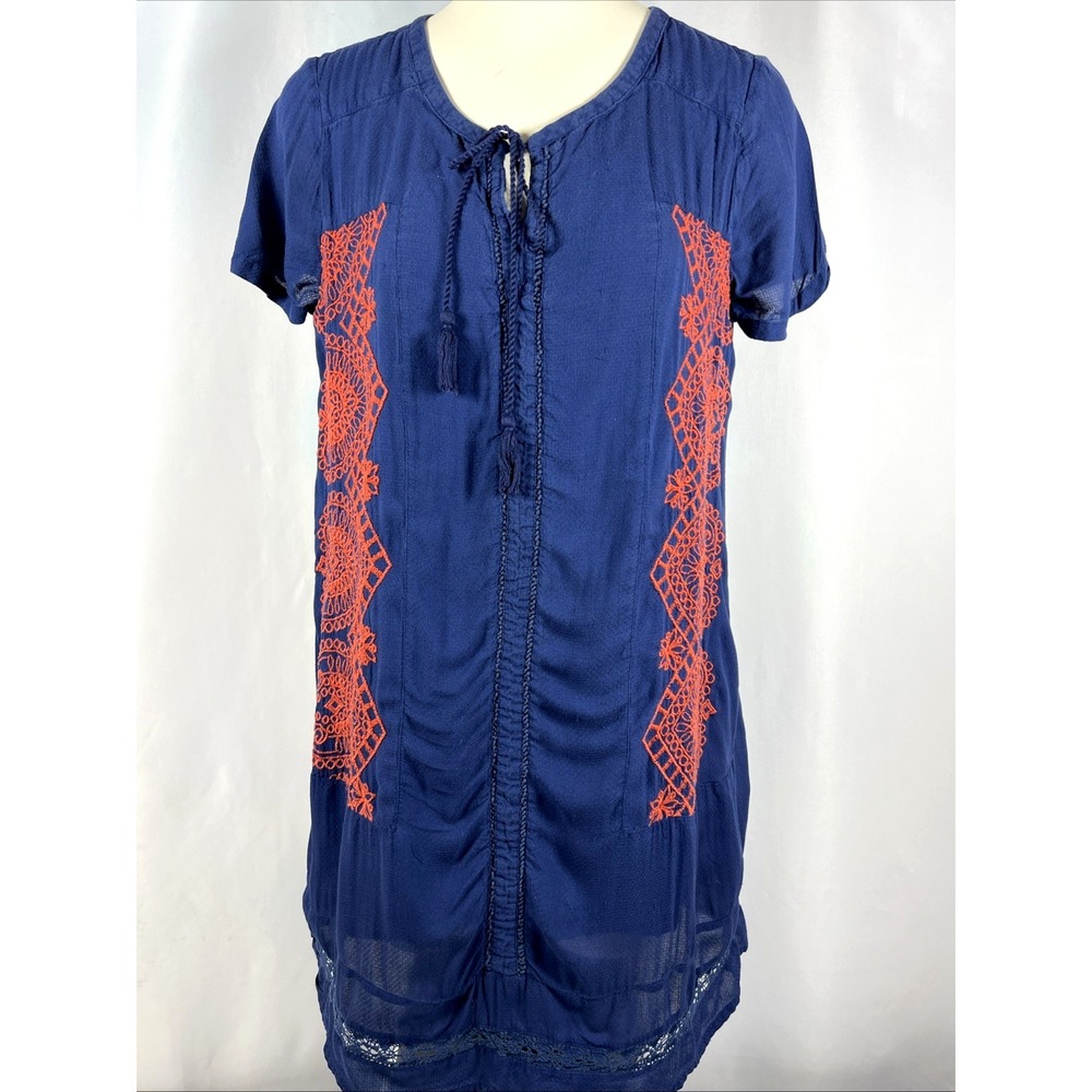 Lucky Brand Women's Blue Embroidered Boho Abstract Short Tunic Dress Size Medium